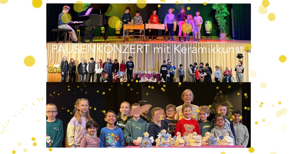drei Fotos der Veranstaltung Pausenkonzert mit vielen Meschen auf einer Bühne