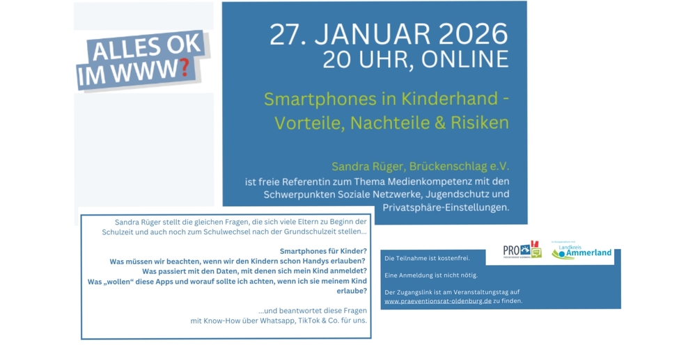 Text. Ankündigung einer Veranstltung: Smartphones in Kinderhand-Vorteile, Nachteile, Risiken, 27.Januar 2026