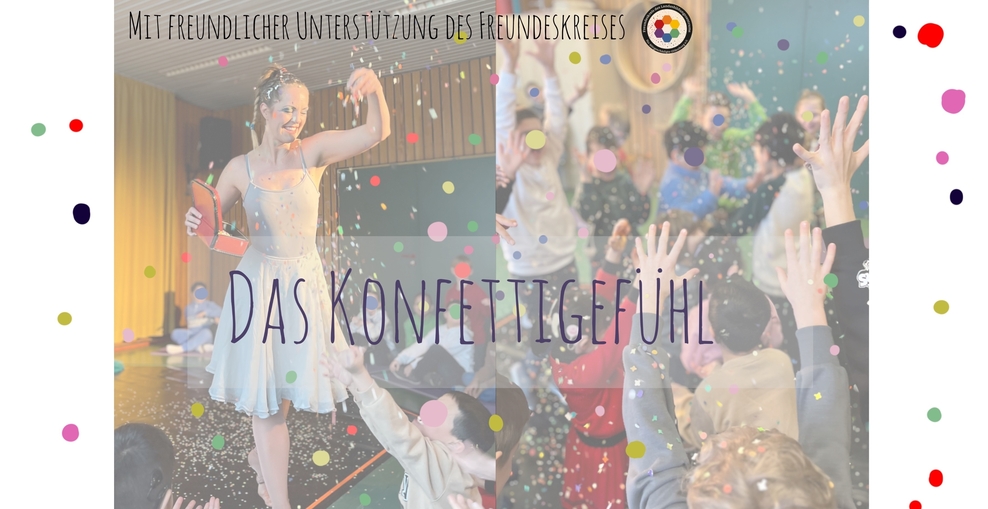 Foto einer tanzenden Frau, sie wirft Konfetti, Kinderhände strecken sich