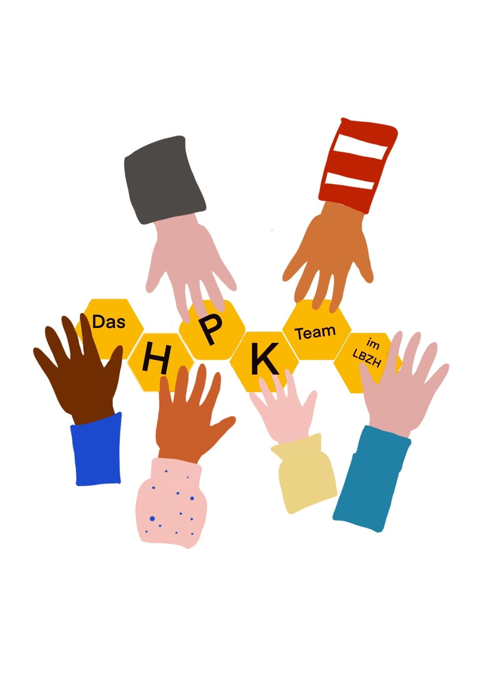 Zeichnung von 6 Händen, die gelbe Kacheln greifen mit der Aufschrift 