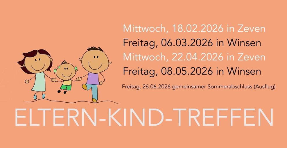 Zeichnung einer Familie , Mutter, Vater, Kind, Ankündigung der Termine des Eltern-Kind-Tteffen in Zeven und Winsen