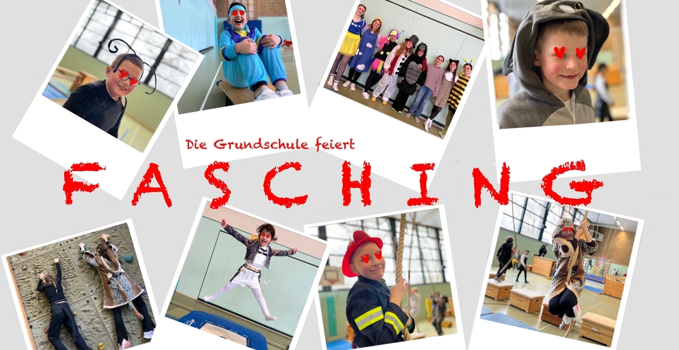 8 Fotos von Grundschulkindern und Lehrerinnen in Kostümen bei einer Faschingsfeier in der Turnhalle