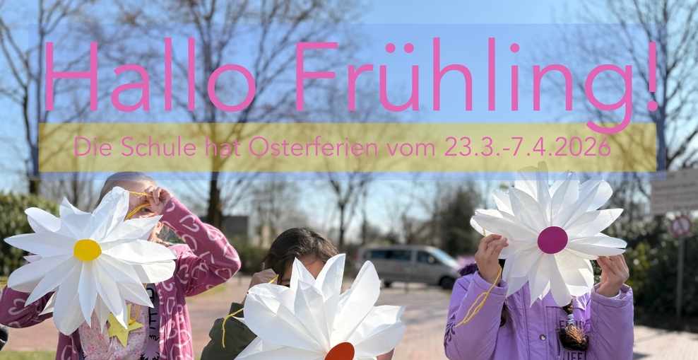 Foto von drei Kindern mit Blume vor dem Gesicht Ankündigung der Osterferien vom 23.3.-7.4.2026